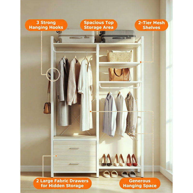 115cm Wide Open Wardrobe with Drawers & Double Hanging Rails, Industrial Heavy Duty Garment Rack with 2 Fabric Bins, Shoe Storage & Reversible Shelves for Bedroom & Hallway