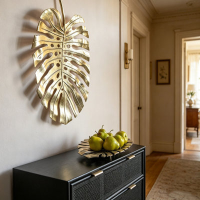 Gold Monstera Leaf Wall Décor - Aluminum Wall Hanging Bowl Bright Gold, Contemporary Eclectic Glam Luxe Style | Fall Decorations for Home, Living Room Wall Art