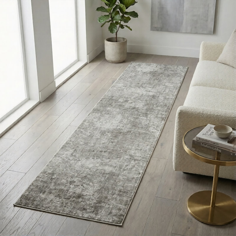 Sealy Easton Modern Abstract Grey Turkish Area Rug, 3' X 10' with Fringe, Runner 2'6" x 10", Brown Gray