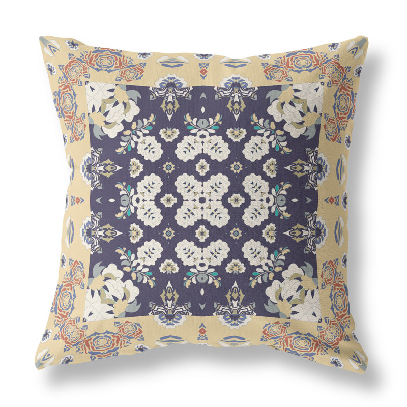 Coussin décoratif 26 po x 26 po Broadcloth, Jaune / floral bleu marine