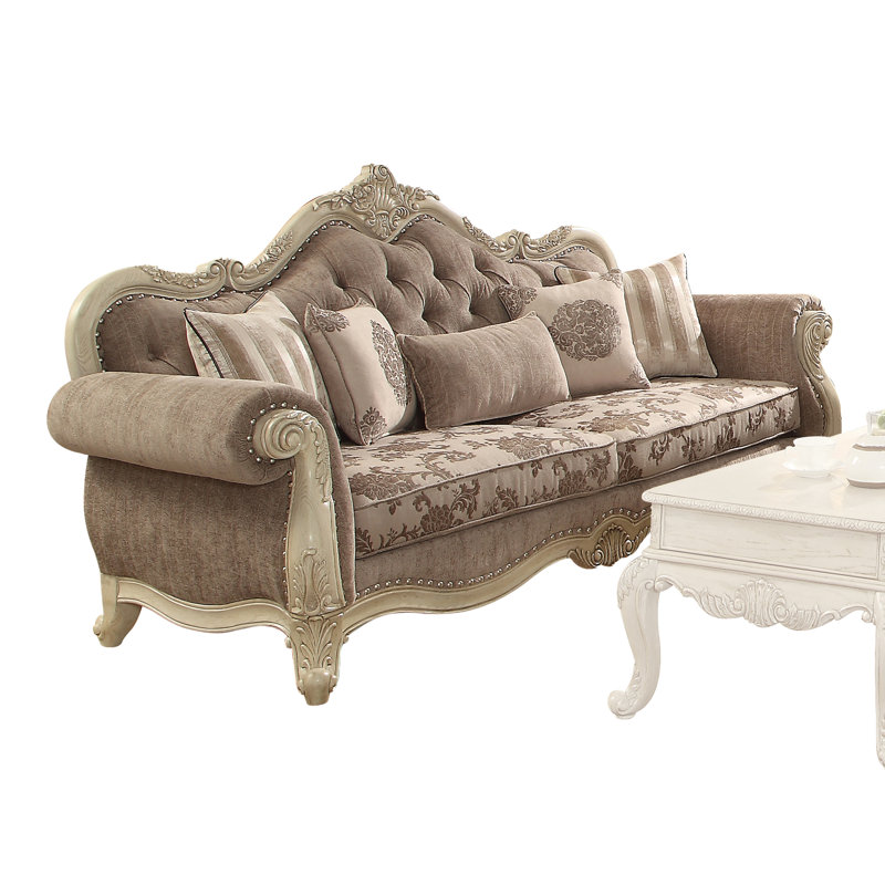 Cha Transitional Tufted Rolled Armrest Sofa with 5 Pillows and Floral Pattern, Antique White, Grey Polyester
