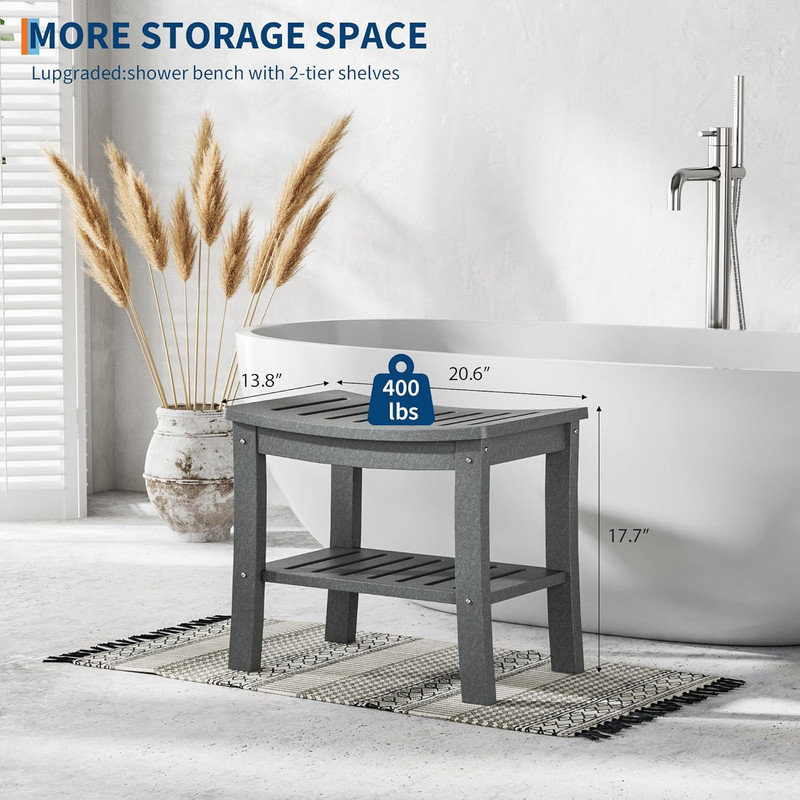HDPE Shower Bench with Storage Shelf,Waterproof Shower Seat Stool Chair for Bathroom Bathtub,Non-Slip Spa Stool, Grey