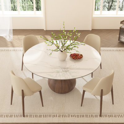Ensemble de salle à manger 3/5/7 pièces rond, table de cuisine en pierre frittée avec base en bois massif + 2/4/6 chaises rembourrées à haut dossier, résistant à la chaleur et aux égratignures, pré-assemblé