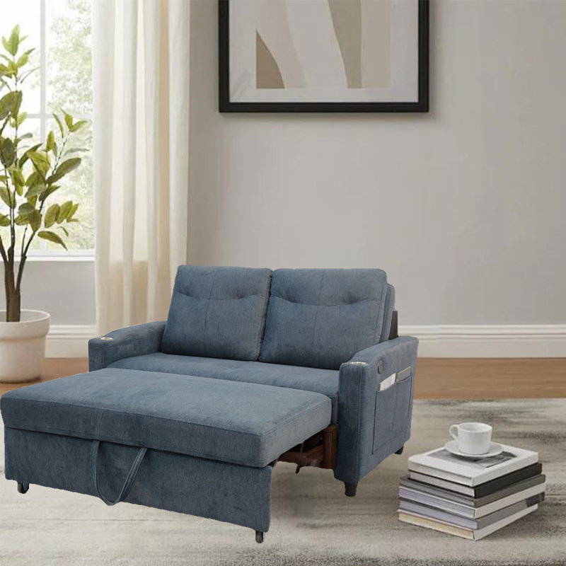 53.2'' Small Loveseat Pull-Out Sofa Bed - Adjustable Backrest, Gray Linen