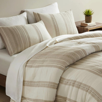 Édredon 3 pièces très grand / très grand - Édredon à rayures esthétiques, motif ton sur terre, mélange texturé gaufré et gaze, 100% coton, surdimensionné pour un sommeil douillet, tous, avec coutures renforcées, conforme