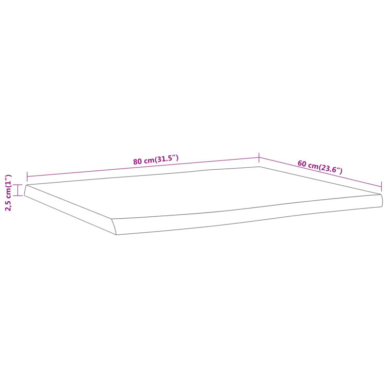 Alpen Home Table Top Rectangular Solid Wood, Acacia Wood, 2.5cm H x 80cm W x 60cm D