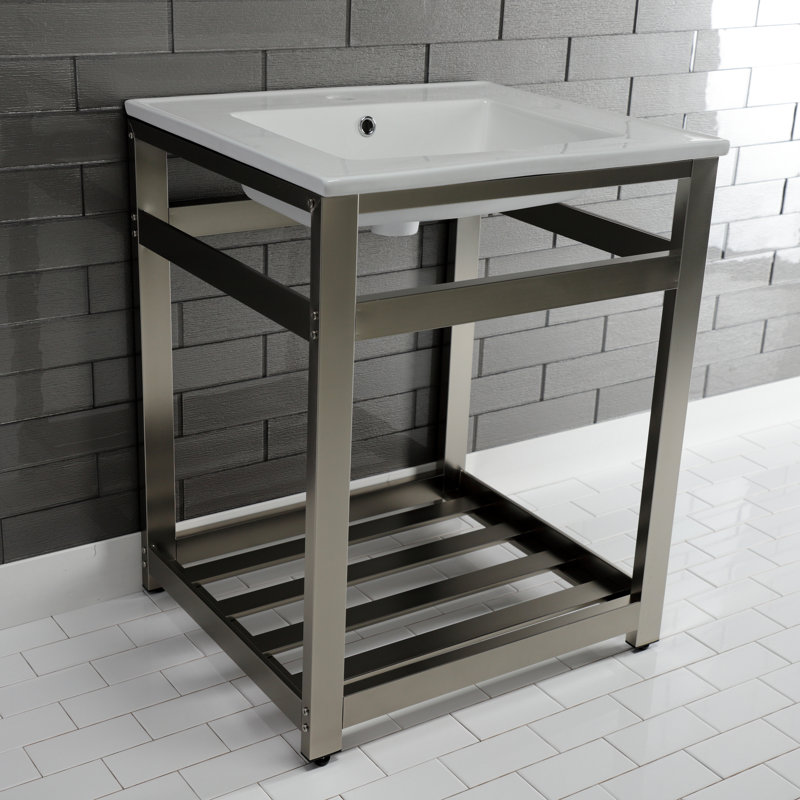 Kingston Brass Quadras 25-Inch Ceramic Console Sink with Stainless Steel Base and Shelf, White/Chrome, Single
