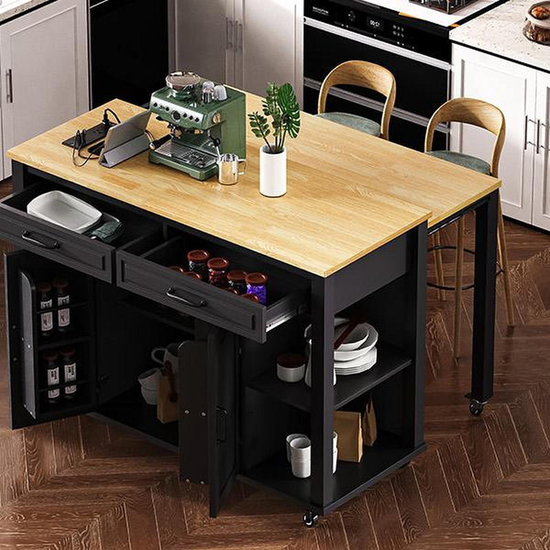47 Inch Kitchen Island With Extendable Dining Table, Rubber Wood Veneer Kitchen Table With Internal Storage Rack, Power Outlet, Kitchen Island With Storage 2 Drawers 2 Cabinet, Black