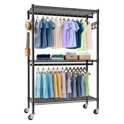 Rolling Clothes Rack, Heavy Duty Clothes Rack With Wheels, 3 Tiers Adjustable Wire Shelving Clothes Rack With 2 Clothes Rails And Side Hooks, Freestan