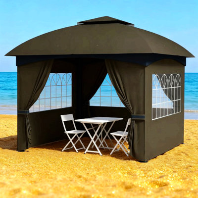 Pavillon de jardin à double toit élégant, pavillon de jardin extérieur avec rideaux, fenêtres d'églises