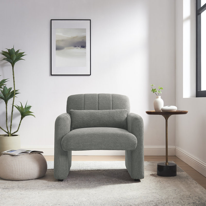 Chenille Upholstered Mordern Design Accent Armchair with Pillow, Gray Chenille