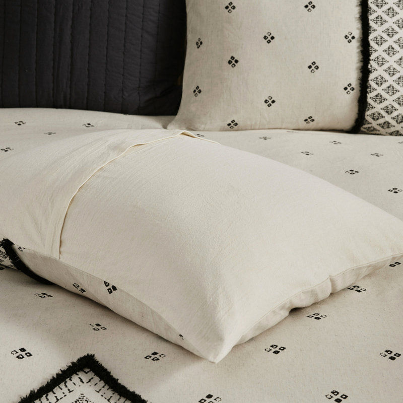 Queen Flax Linen Blend Duvet Cover With Textured Accents 3 Piece Cotton In Multicolor
