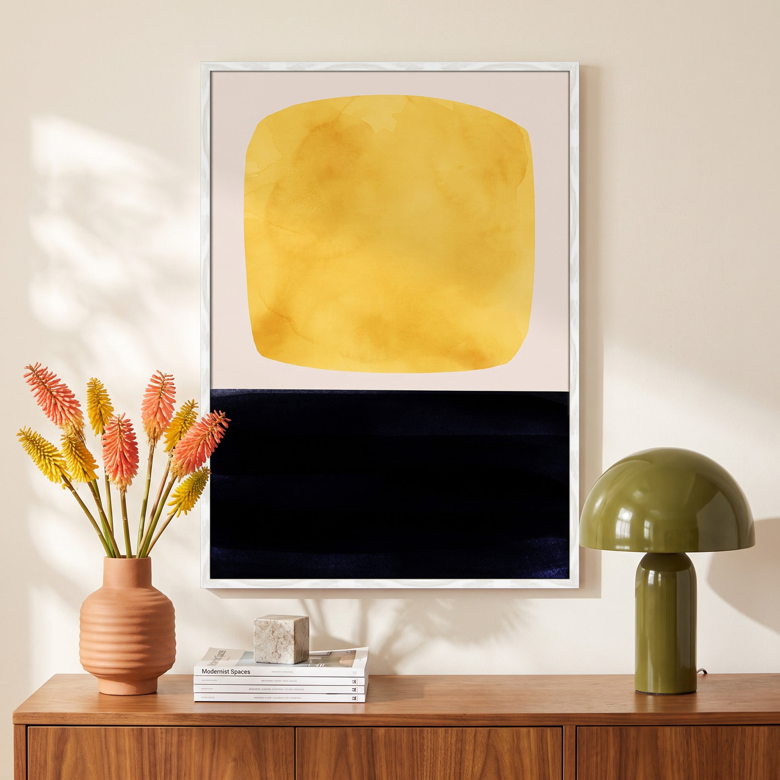 Boxed-Yellow by Aoibhne Hogan, 41.5" H x 29.5" W x 0.75" D, White Wood Grain Paper