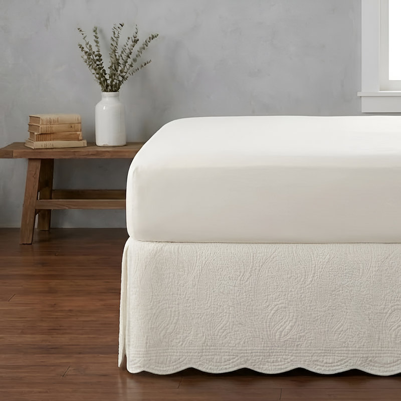 Greenland Home Fashions Paisley Quilted Bed Skirt Twin 39x75+18 Ivory Cotton 18" Drop Tailored Fit, Twin, Ivory