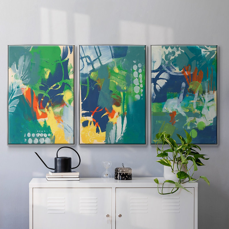 Impression tropicale encadrée sur toile 3 pièces, Argent, H 24 po x l 48 po x P 2 po