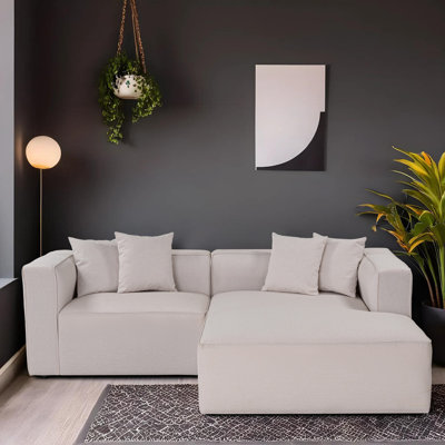 Stylish Corner Sofa, Ecru Color, 90.6 x 27.2 x 70.9 inches | Frame: Beech, Fir Tree & Chipboard | Soft Texture Fabric, Plastic Legs | Comfortable 30 DNS Foam Cushion | Perfect for Living Room & Family Spaces