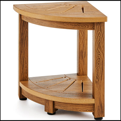 Corner Shower Bench, 16.5" Height 12.8" Radius, Faux Wood Grain Polystyrene, 350 LBS with Storage Shelf, Water Resistant, Shower Stool for Inside & Outside Shower, for Bathroom, Living Room