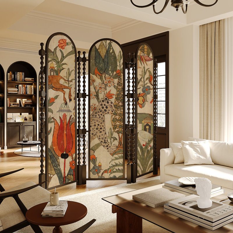 Paravent en bois massif pliable et mobile, écran à imprimé floral abstrait, 94.49" H x 70.87" W x 1.57" D