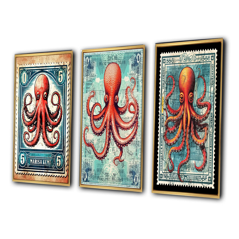 «Retro Stamp Portrait Of Red Octopus», 3 pièces sur toile, H 40 po x l 60 po, Cadre flottant doré