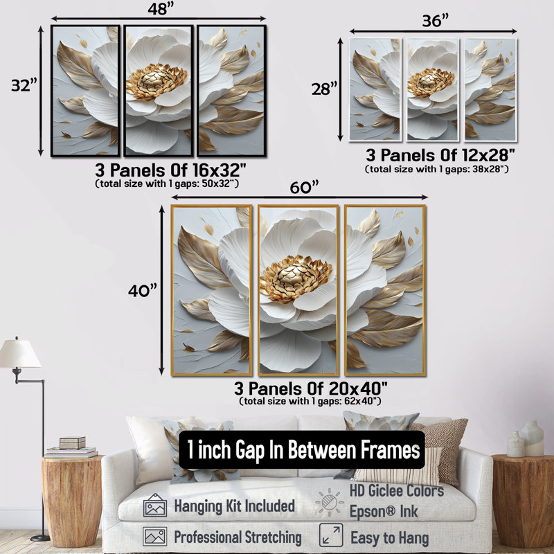 Pivoine blanche et dorée - ensemble d'art mural pivoine, H 28 po x l 36 po x P 1 po, Toile avec cadre flottant or