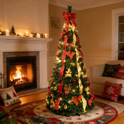 6FT Pre Lit Pop Up Artificial Christmas Tree  With Light Pre Decorated Collapsible Foldable Green