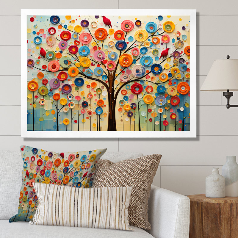 Arbre abstrait coloré 3 - Art mural africain, H 12 po x l 20 po x P 1 po, Cadre flottant blanc