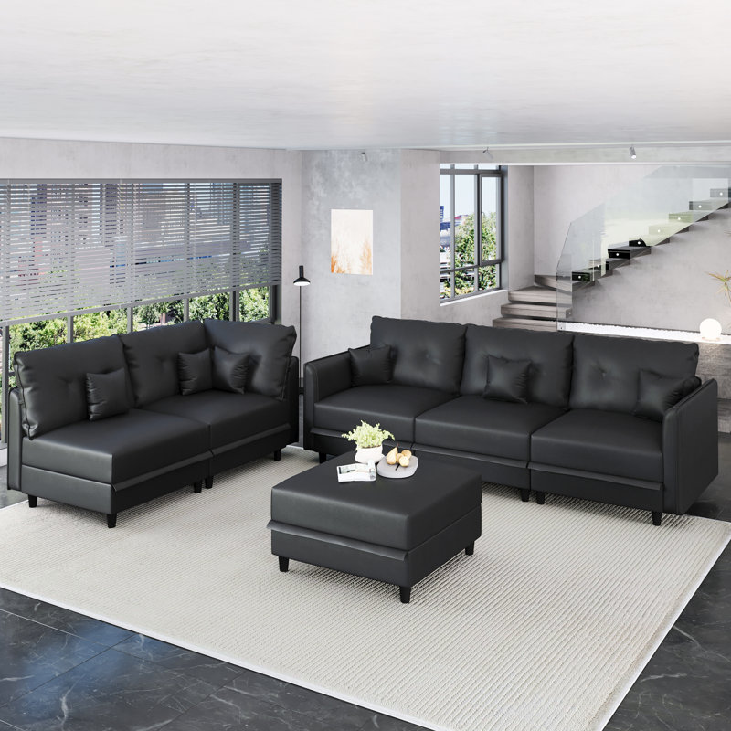 Canapé modulaire en U avec rangement 6 pièces Zendajas, Black Faux Leather