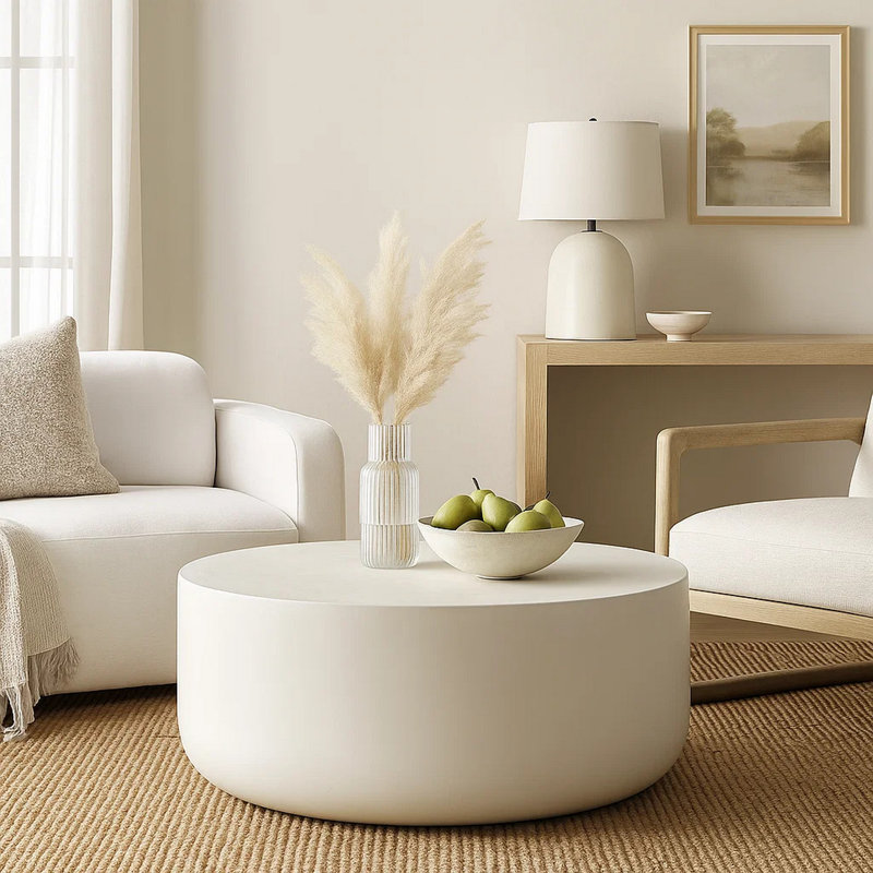 Table basse ronde de 31 pouces Utan, structure de ciment moderne, blanc cassé