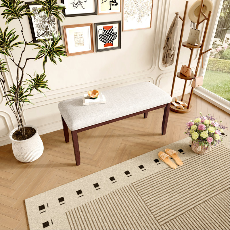 Banc de style Mid-Century moderne de 38 pouces avec siège rembourré en lin beige et pieds en bois d'hévéa massif pour l'extrémité de la chambre à coucher, le couloir et la salle à manger