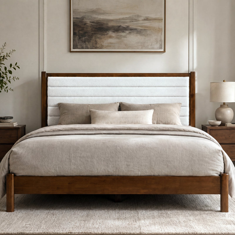 Evelyn Solid Wood Boucle Upholstered Headboard Bed Frame - Queen Size, Walnut/Cream White Boucle