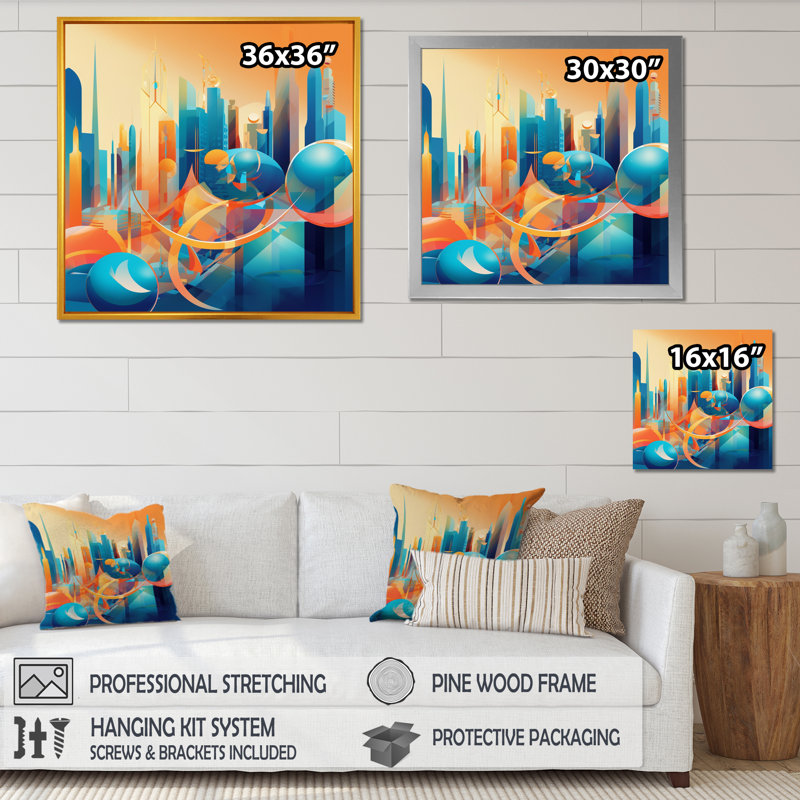 «Ardyce Blue and Orange Retro Radiance I», reproduction sur toile, H 36 po x l 36 po x P 1,5 po, Cadre photo noir