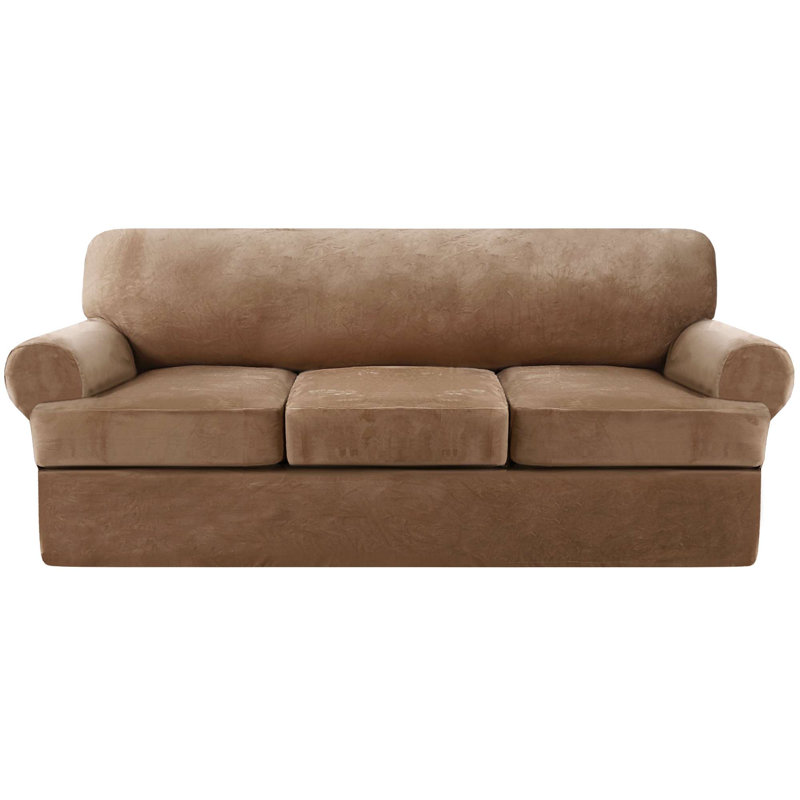 Velvet Stretch 4 Piece T Cushion Sofa Slipcovers for 3 Couch Covers with 3 Individual T Cushion Covers Machine Washable