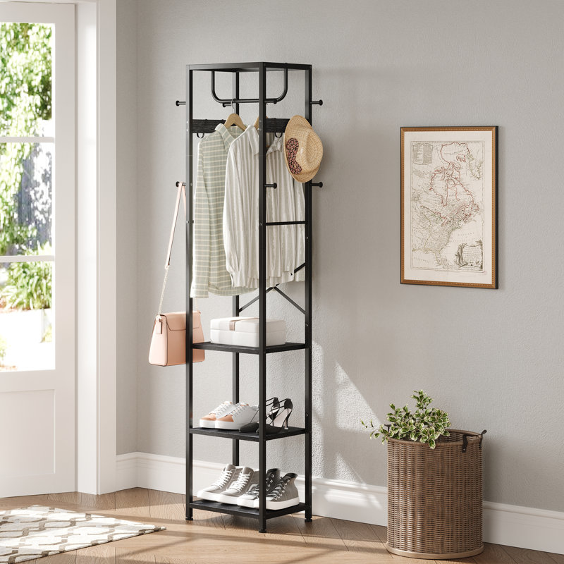 Freestanding 12-hook Coat Rack With Shoes Shelves, Black