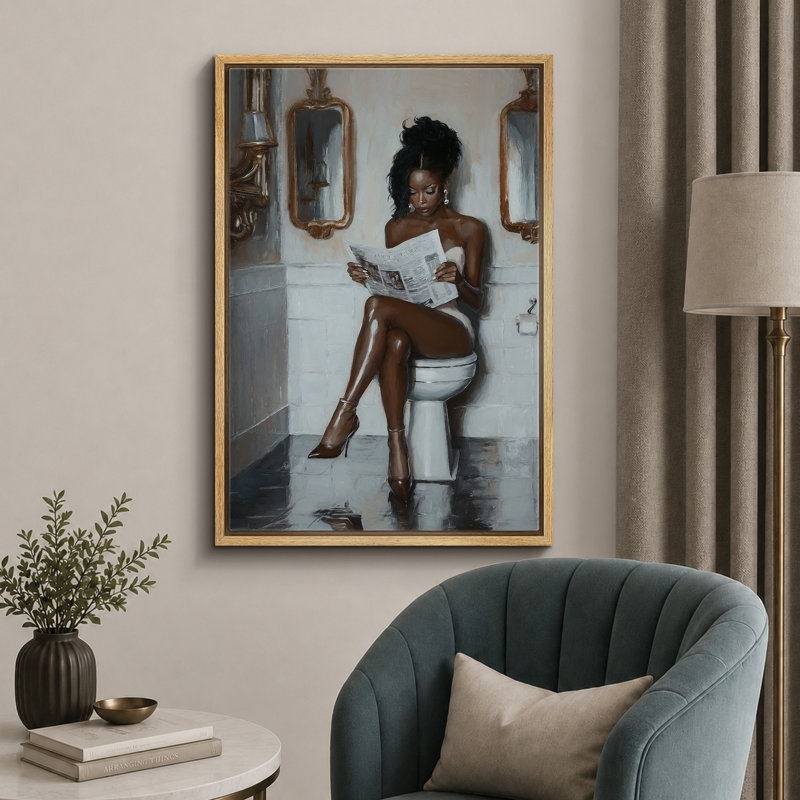 Elegance "Glamorous Woman Reading Newspaper Chic Artwork, Bathroom/Vanity Room/Powder Room Decor Wall Pictures, Large Framed Canvas Digital Giclee Print Wall Art"