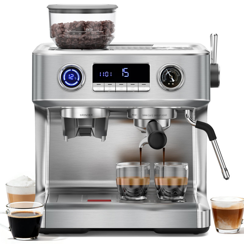 Machine à expresso à double chaudière avec moulin, machine à expresso 20 bars avec cuiseur à vapeur et eau chaude, affichage à DEL double, manomètre, moulin à meules, machine à café pour la maison et le bureau, acier inoxydable