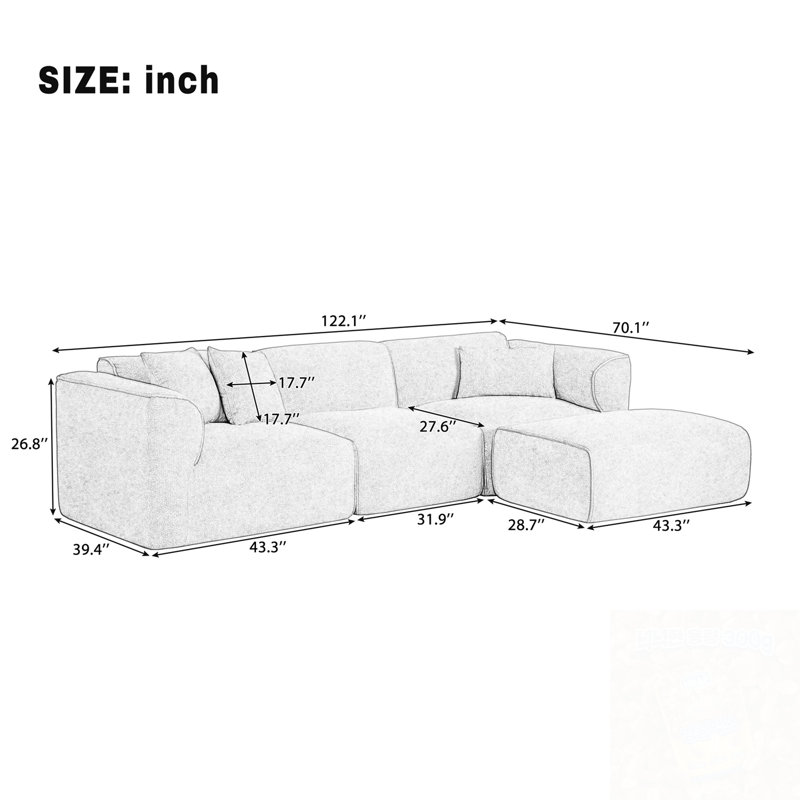 Canapé modulaire en L avec 3 coussins décoratifs, Velours beige
