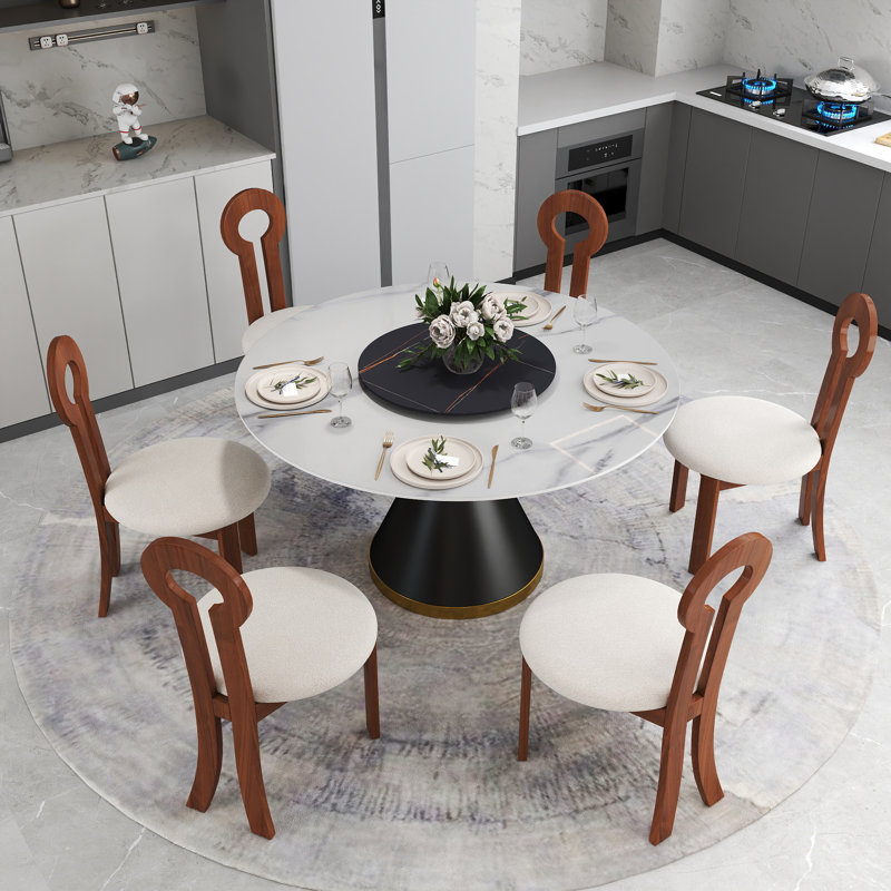6 Seat Modern Round Sintered Stone Dining Table With Rotating Tray,modern Key-shaped Dining Chairs, White/Black