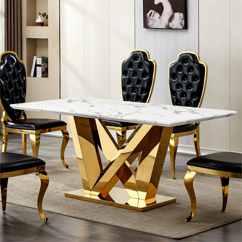 Table de salle à manger 70 pouces rectangulaire en faux marbre 70 po avec base en miroir doré, table de cuisine moderne pour 6 personnes en gris et or