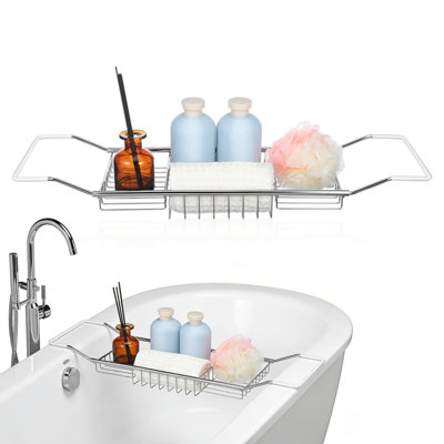 Bathtub Tray - Stainless Steel Bathtub Caddy, Expandable Extra Wide Bath Tub Organizer, Rust-Resistant Over The Tub Shelf Rack with Non-Slip Grips for Phone Book Wine Glass, Silver