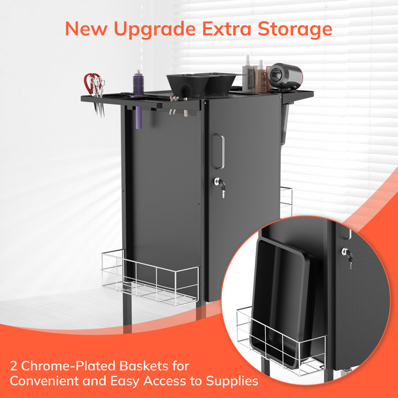 Lockable Salon Trolley Cart With Folding Tray Holders, Metal Baskets And Wheels