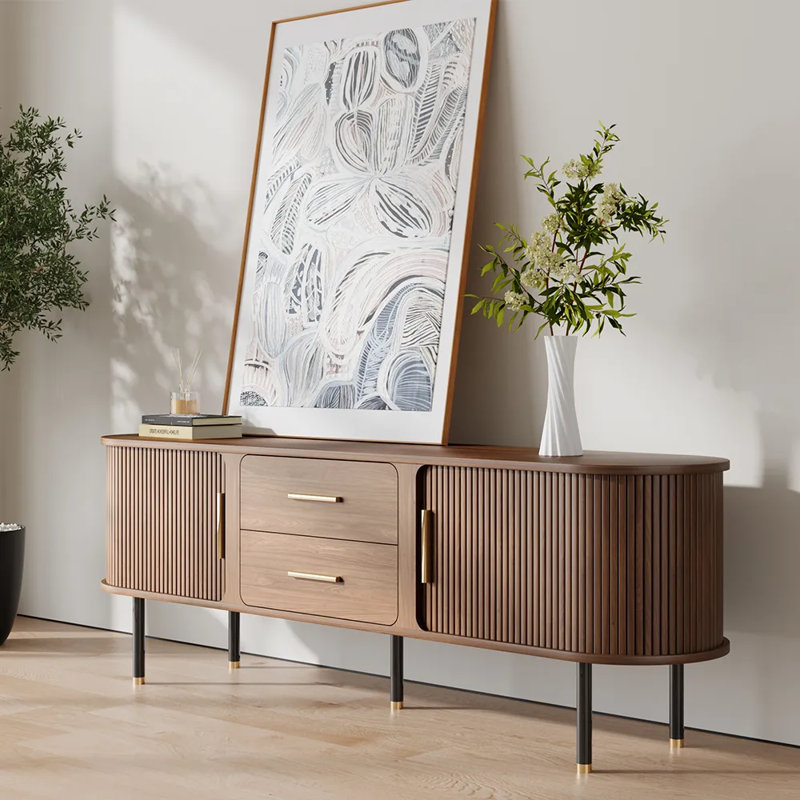 Mid-Century Modern TV Stand, Minimalist Wood Media Console with Roller Shutter Door, 23.62"H x 70.87"L x 15.75"W, Brown