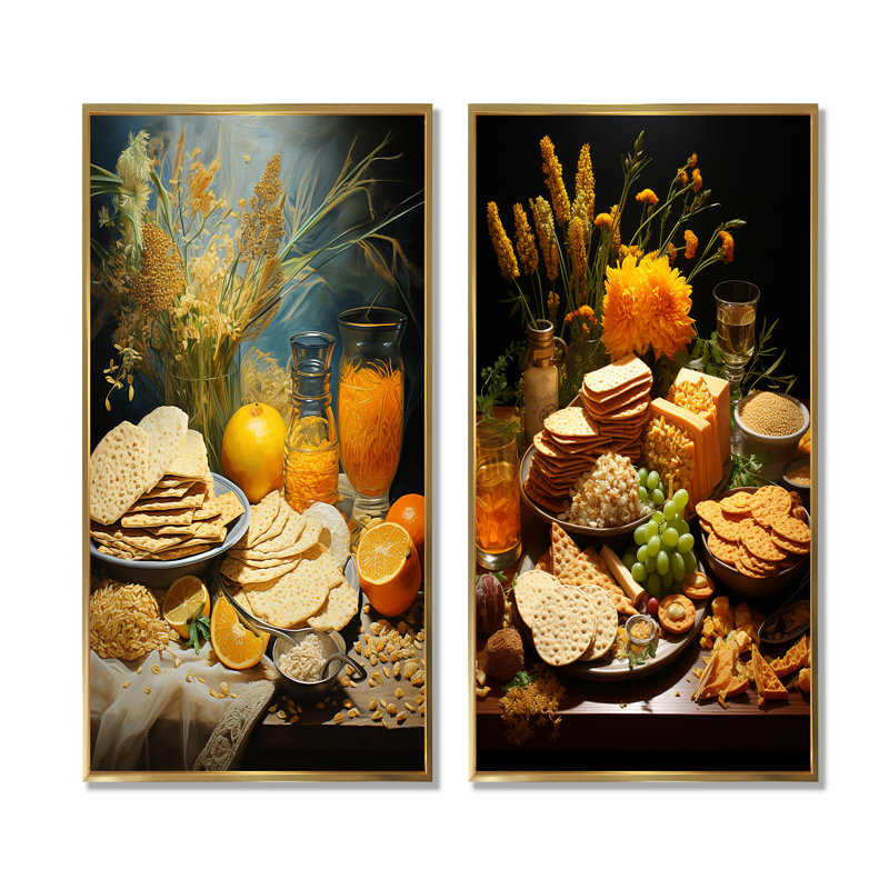 «Judais Matzah Passover Feast» - Judaïsme, ensemble de 2 reproductions d'art sur toile, Encadrement doré, H 32 po x l 33 po