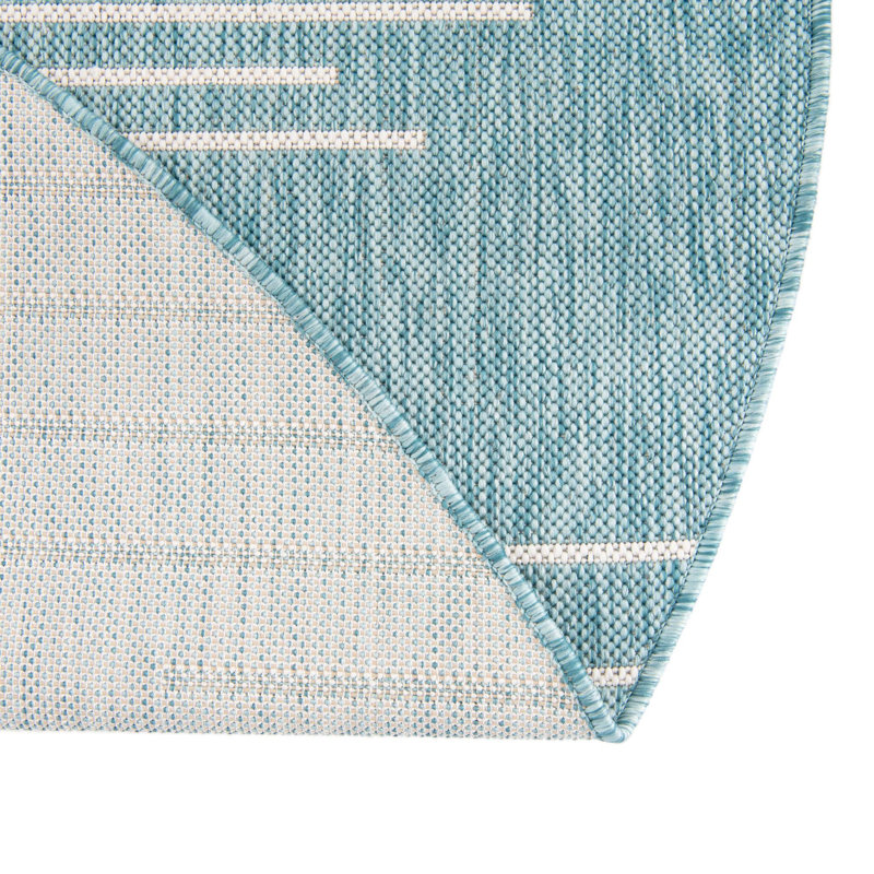Tapis rayé en polypropylène tissé à la machine intérieur / extérieur gris / bleu, Rond 6 pi 1 po