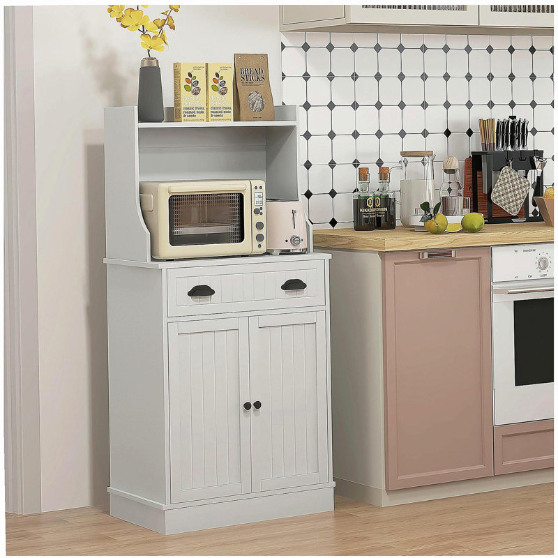 Microwave oven cabinet with storage drawer, double-door cabinet with adjustable shelves, dining table with storage shelves and cable holes, storage cabinets for kitchen, dining room, living room, white