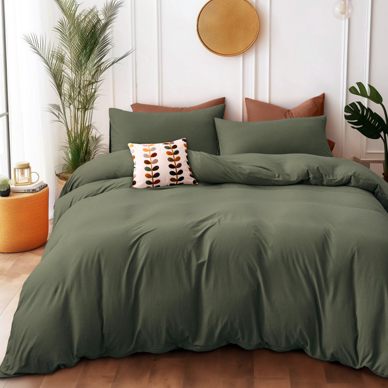Ensemble de housse de couette en coton jersey, Housse de couette simple + 1 taie décorative stan, Vert olive