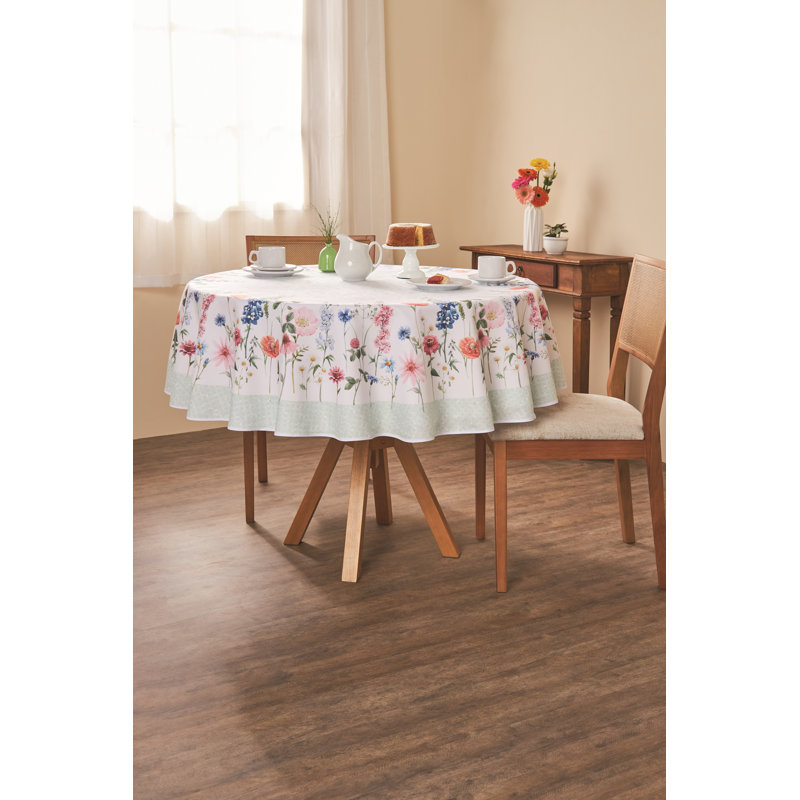 AdonisUSA Harnam Floral printed tablecloth with wildflowers in shades of pink and blue with light green geometric border – Elegant Machine Washable Table Linen