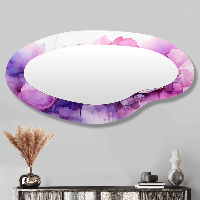 Encre botanique florale rose et mauve - Art abstrait en métal - Miroir mural moderne et irrégulier