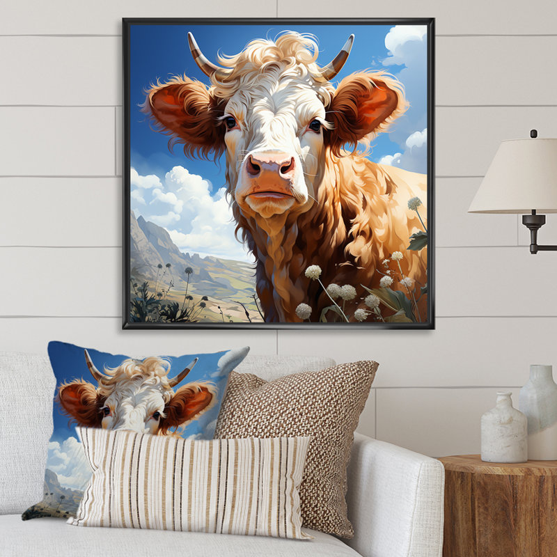 Portrait de vache dans une prairie fleurie - vache, art mural, Cadre flottant noir, H 30 po x l 30 po x P 1,5 po