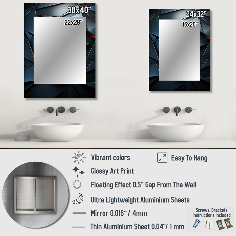 Blue Stylish Dark Geometric Elegance - Tile Unique Wall Mirror, Modern Mirror, Printed Metal Art, 32" x 24"