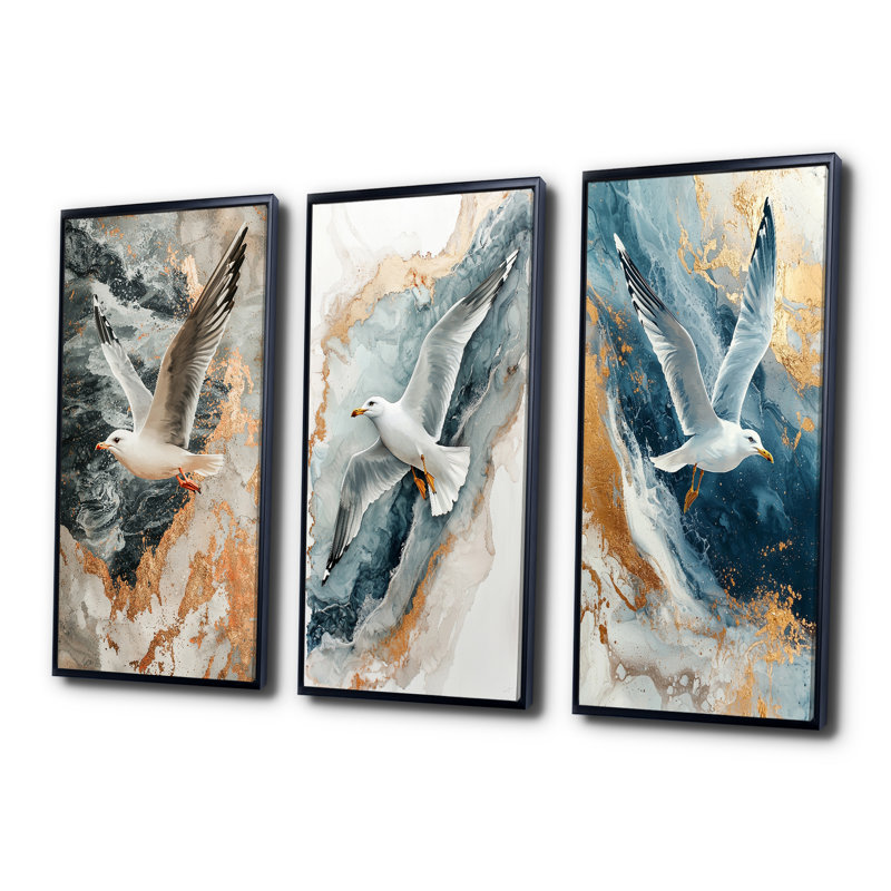 Ailes de marbre bord de mer au-dessus des vagues I - Collection de décorations murales Seagull, H 28 po x l 36 po, Noir